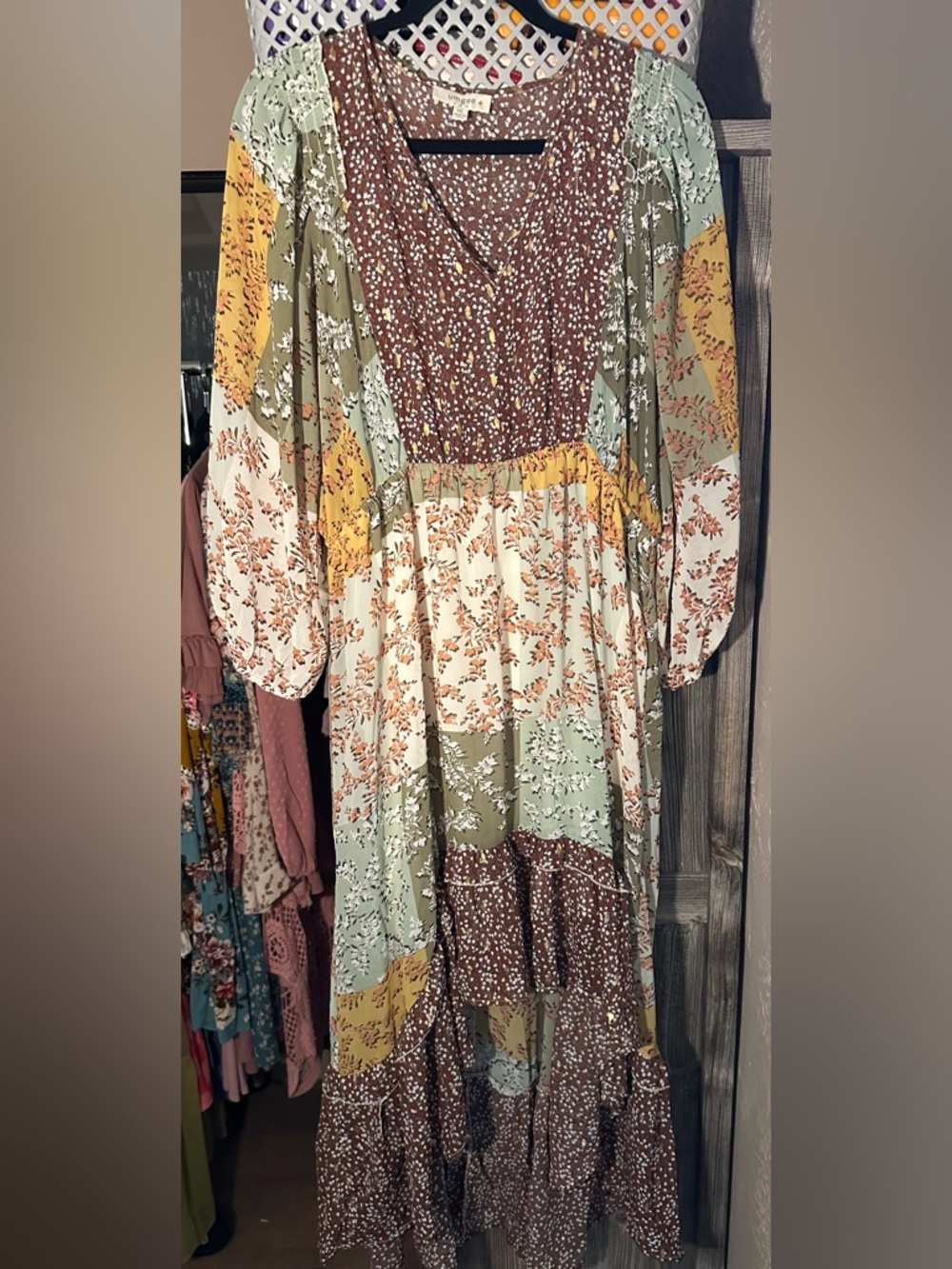 Umgee Boho Patchwork High-Low Maxi Dress in Brown, Cream & Yellow